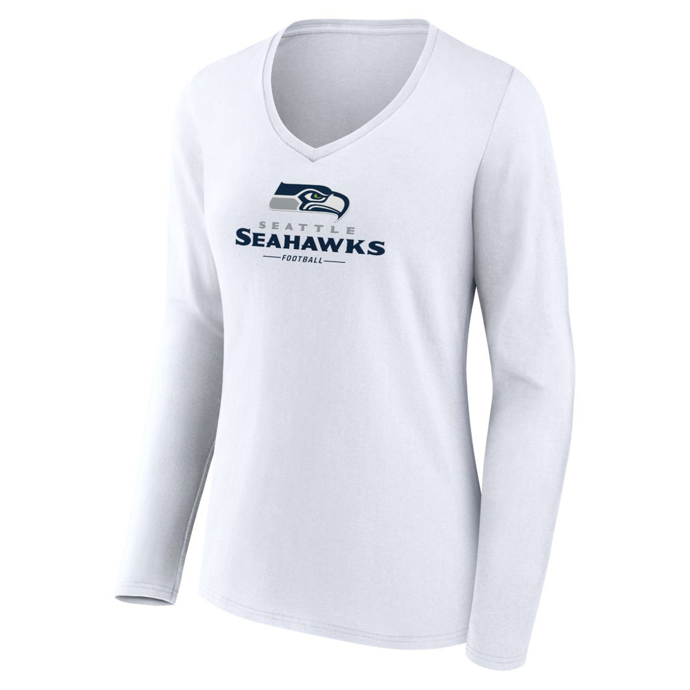 Seattle Seahawks Women's Logo Team Lockup Long Sleeve V-Neck T-Shirt - White T-shirts