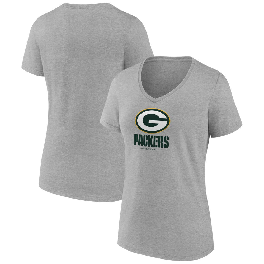 Green Bay Packers Women's Logo Team Lockup V-Neck T-Shirt - Gray T-shirts