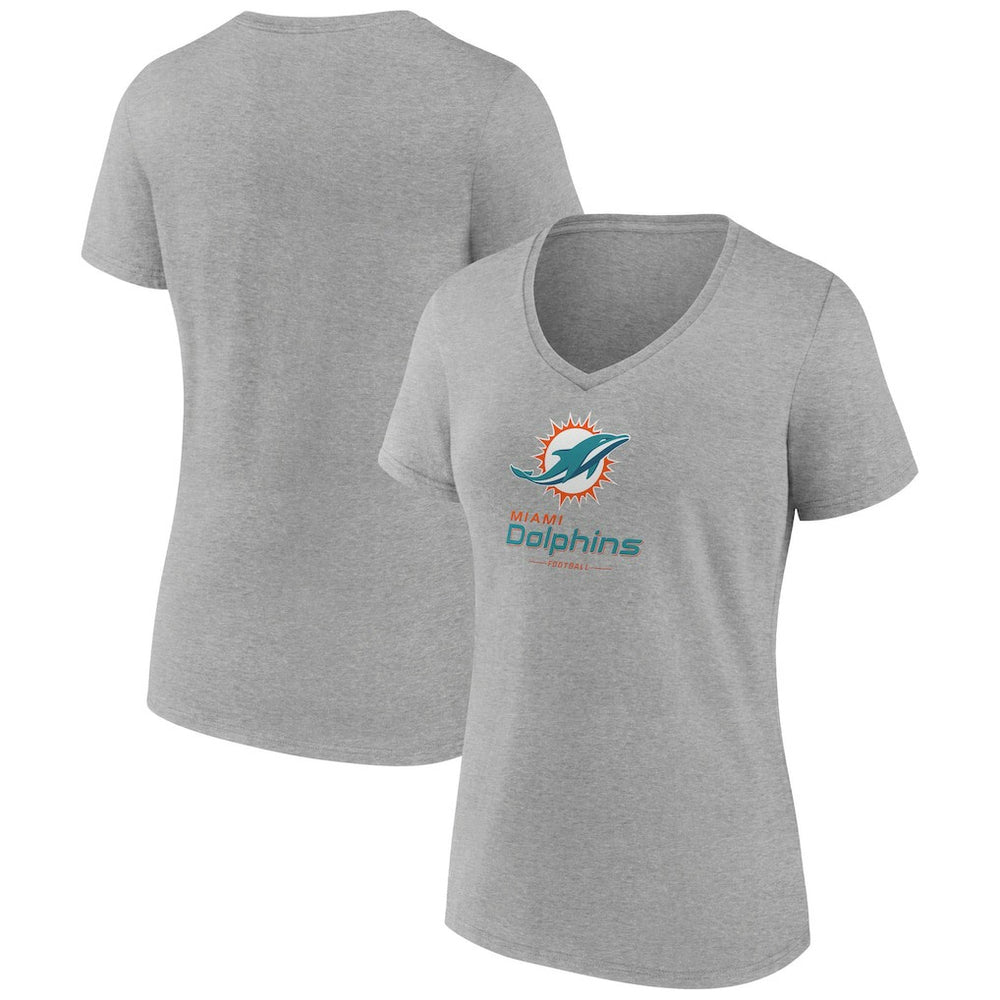 Miami Dolphins Women's Logo Team Lockup V-Neck T-Shirt - Gray T-shirts
