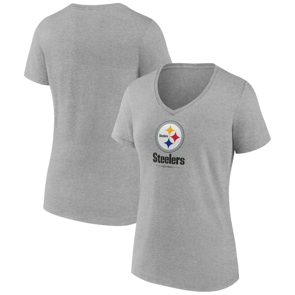 Pittsburgh Steelers Women's Logo Team Lockup V-Neck T-Shirt - Gray T-shirts