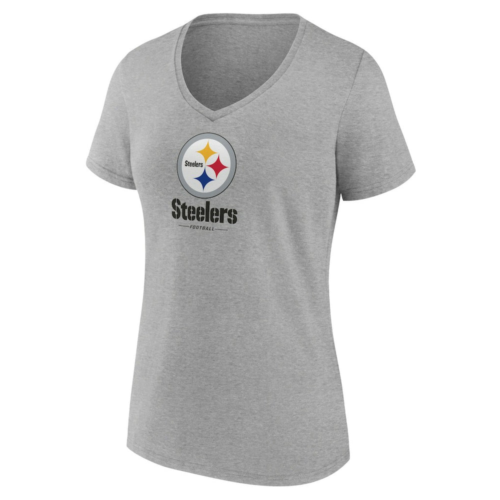 Pittsburgh Steelers Women's Logo Team Lockup V-Neck T-Shirt - Gray T-shirts