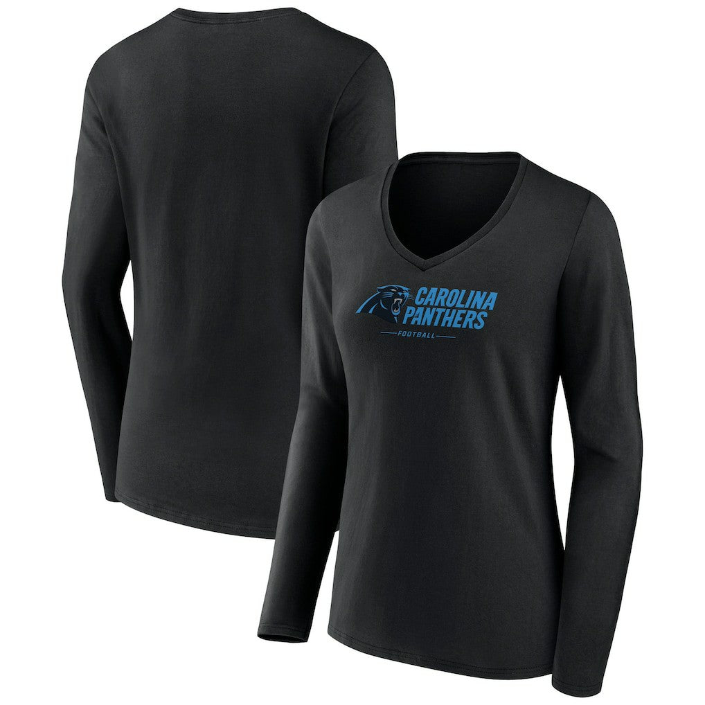 Carolina Panthers Women's Logo Team Lockup Long Sleeve V-Neck T-Shirt - Black T-shirts