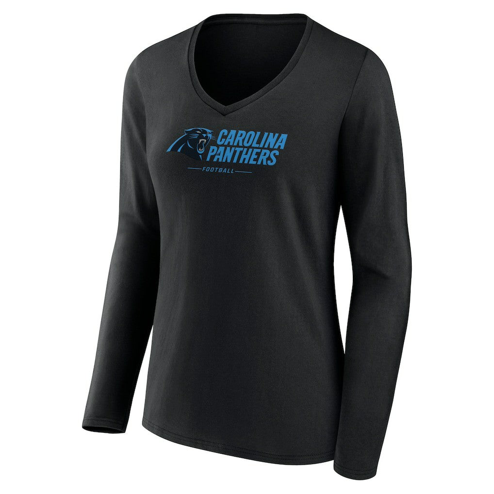 Carolina Panthers Women's Logo Team Lockup Long Sleeve V-Neck T-Shirt - Black T-shirts
