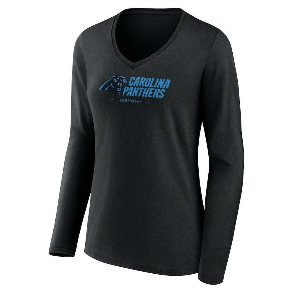 Carolina Panthers Women's Logo Team Lockup Long Sleeve V-Neck T-Shirt - Black T-shirts