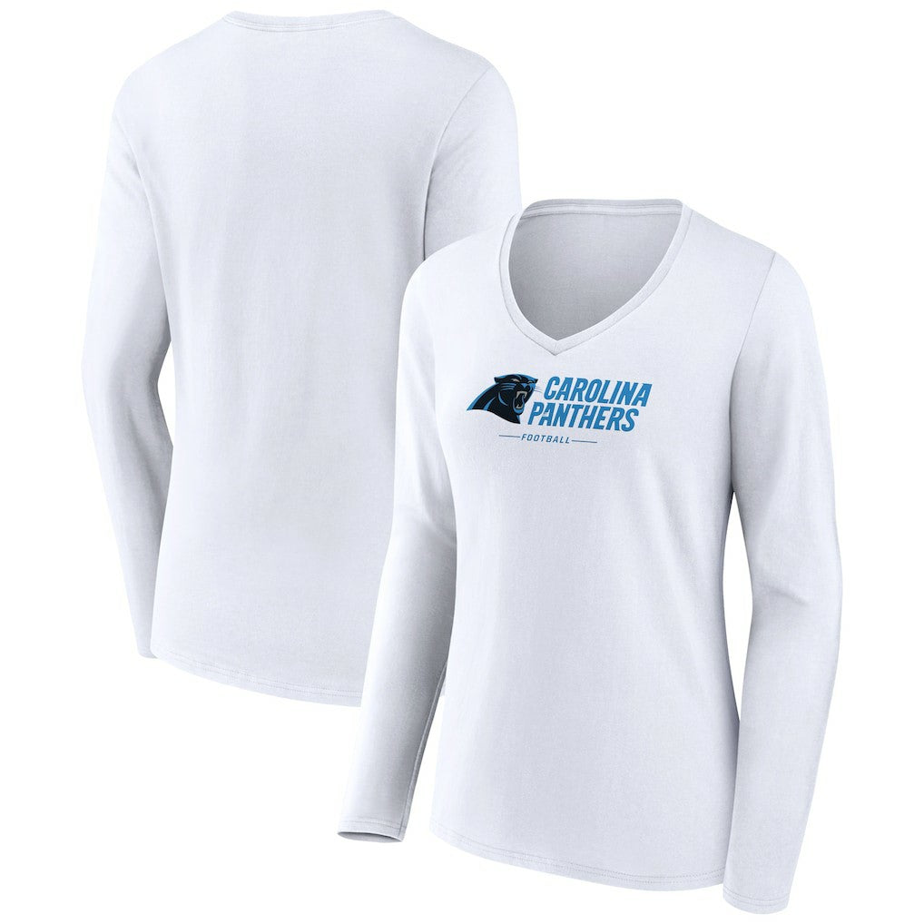 Carolina Panthers Women's Logo Team Lockup Long Sleeve V-Neck T-Shirt - White T-shirts