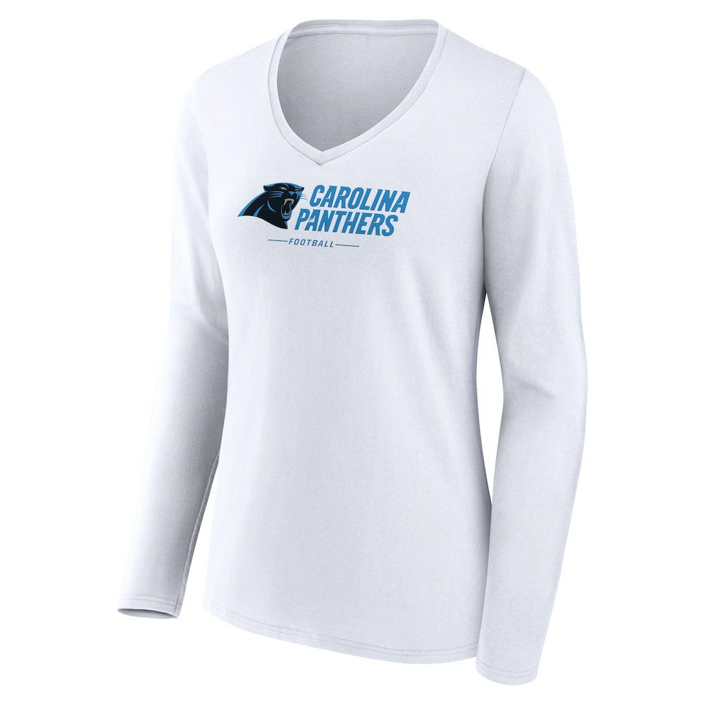 Carolina Panthers Women's Logo Team Lockup Long Sleeve V-Neck T-Shirt - White T-shirts
