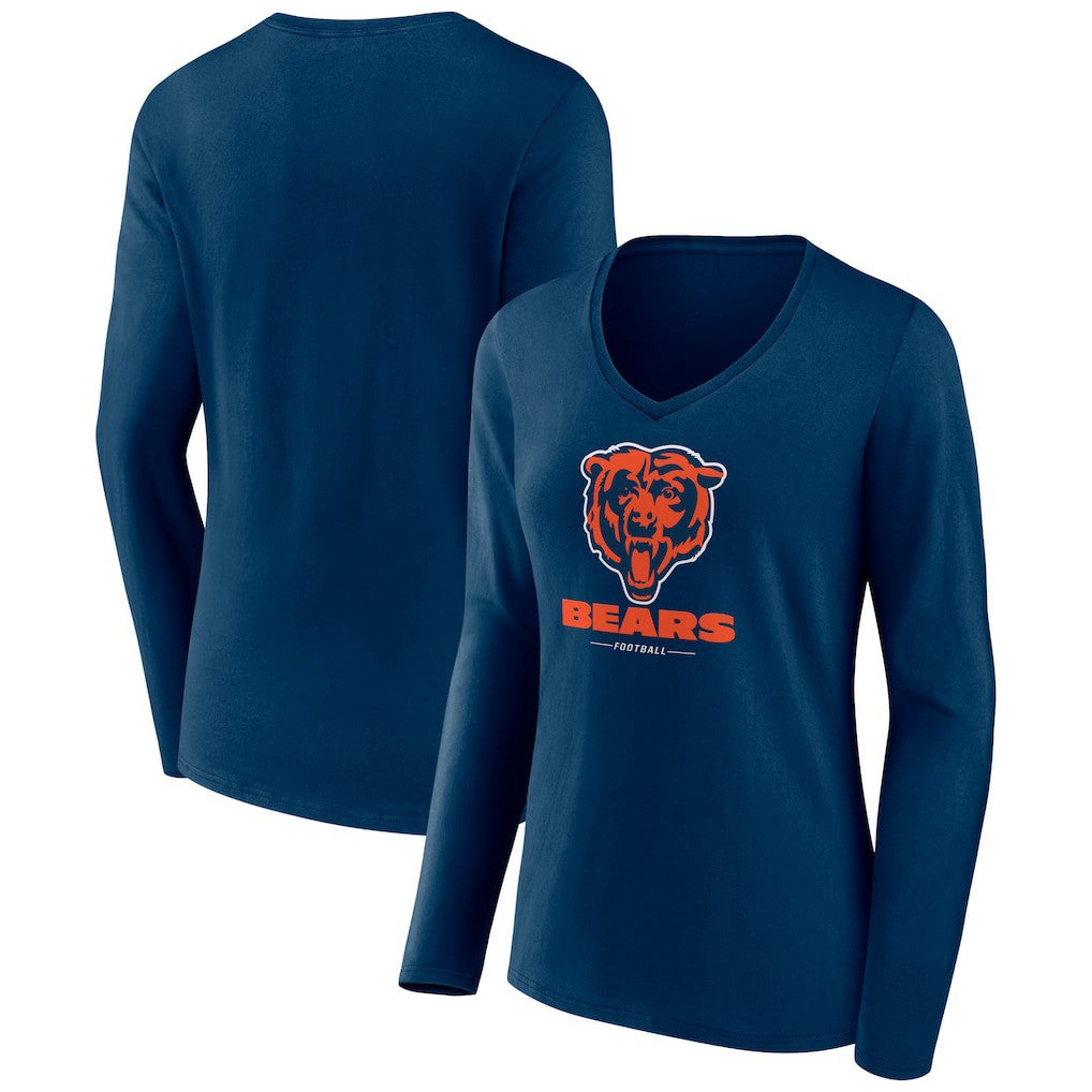Chicago Bears Women's Logo Team Lockup Long Sleeve V-Neck T-Shirt - Navy T-shirts