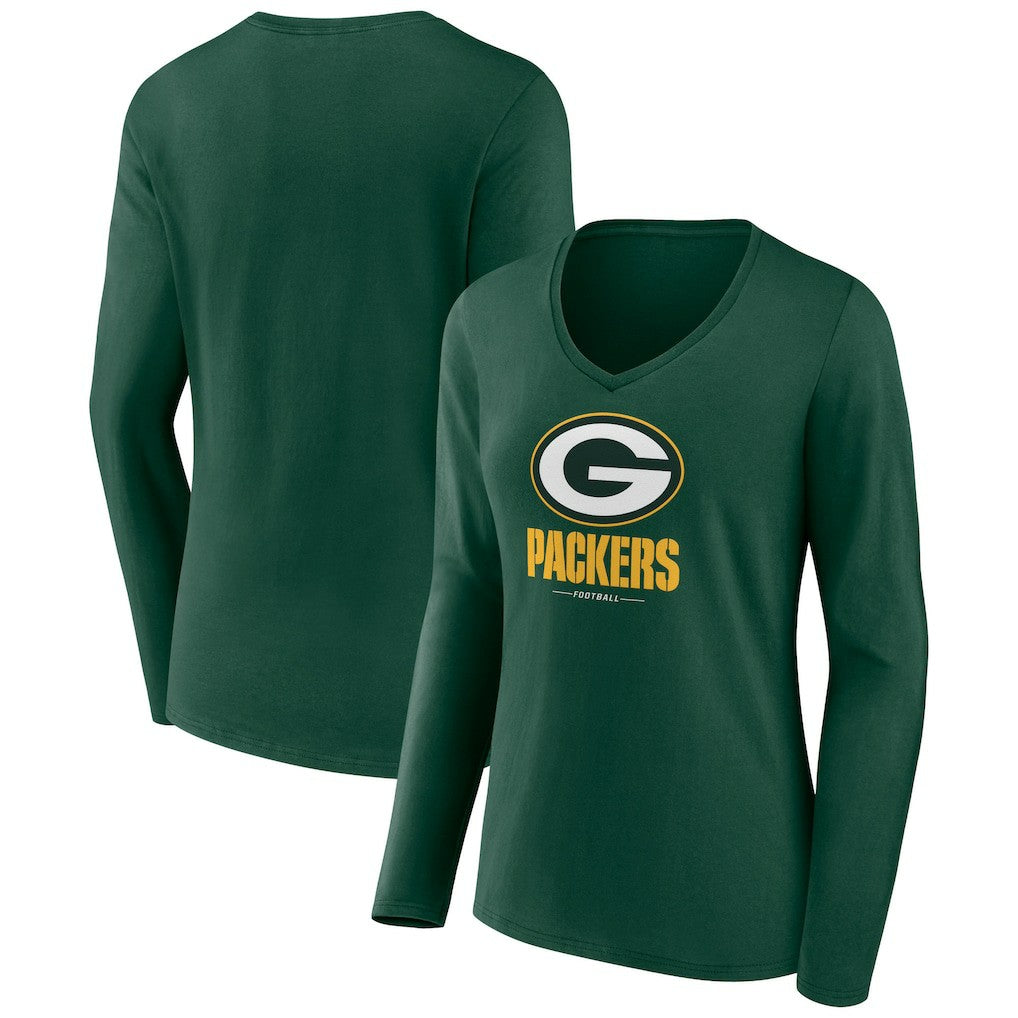 Green Bay Packers Women's Logo Team Lockup Long Sleeve V-Neck T-Shirt - Green T-shirts
