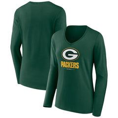 Green Bay Packers Women's Logo Team Lockup Long Sleeve V-Neck T-Shirt - Green T-shirts