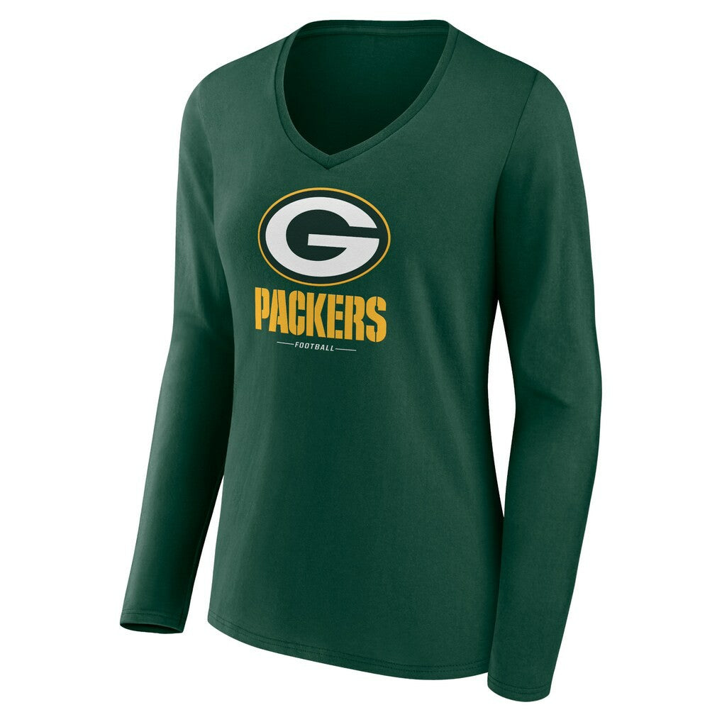 Green Bay Packers Women's Logo Team Lockup Long Sleeve V-Neck T-Shirt - Green T-shirts