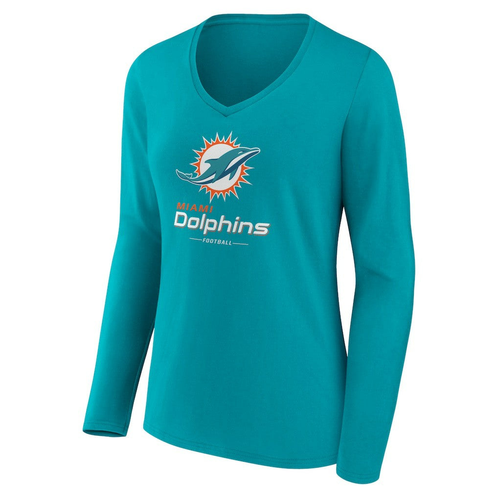 Miami Dolphins Women's Logo Team Lockup Long Sleeve V-Neck T-Shirt - Aqua T-shirts