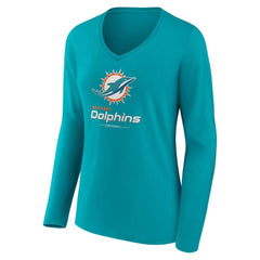 Miami Dolphins Women's Logo Team Lockup Long Sleeve V-Neck T-Shirt - Aqua T-shirts