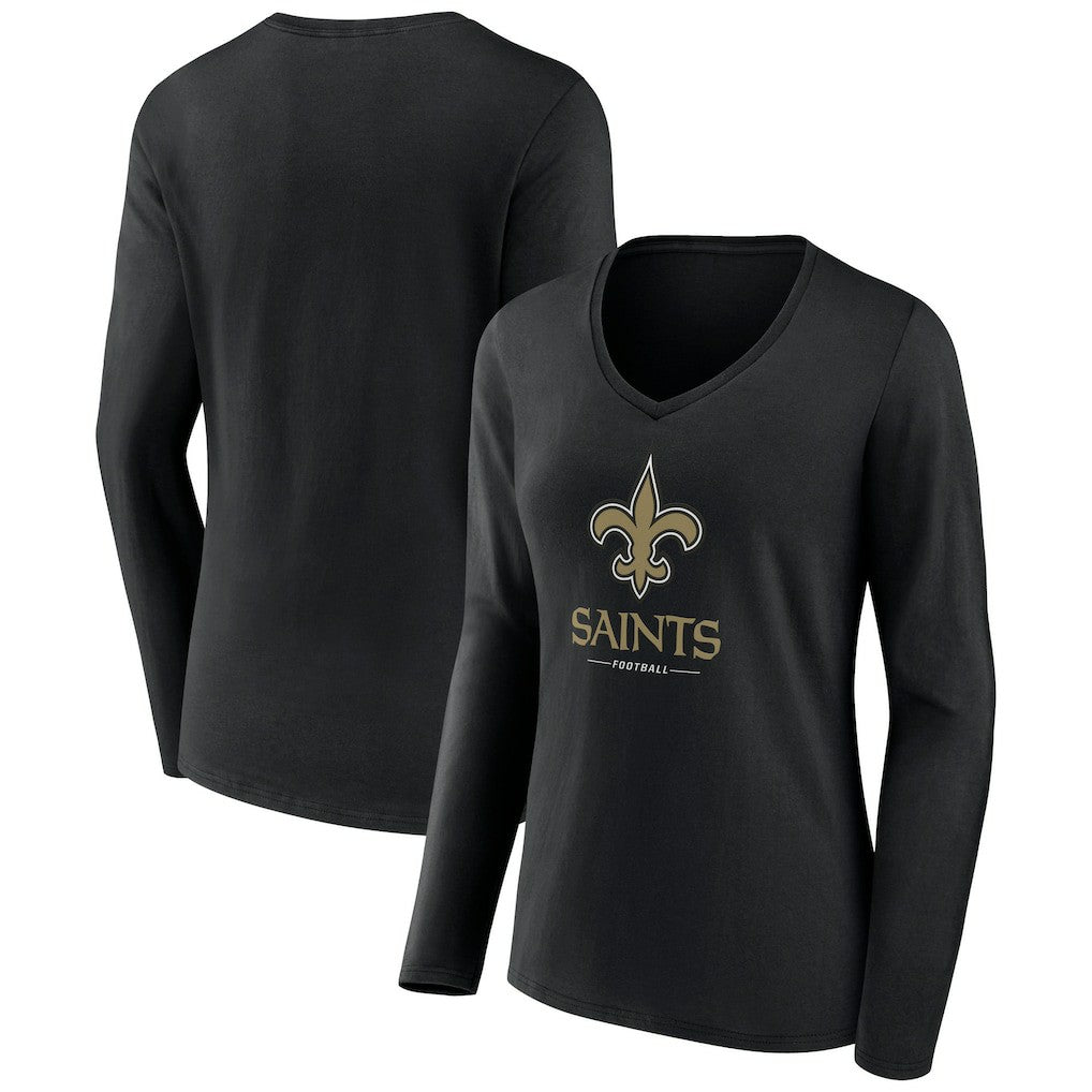 New Orleans Saints Women's Logo Team Lockup Long Sleeve V-Neck T-Shirt - Black T-shirts