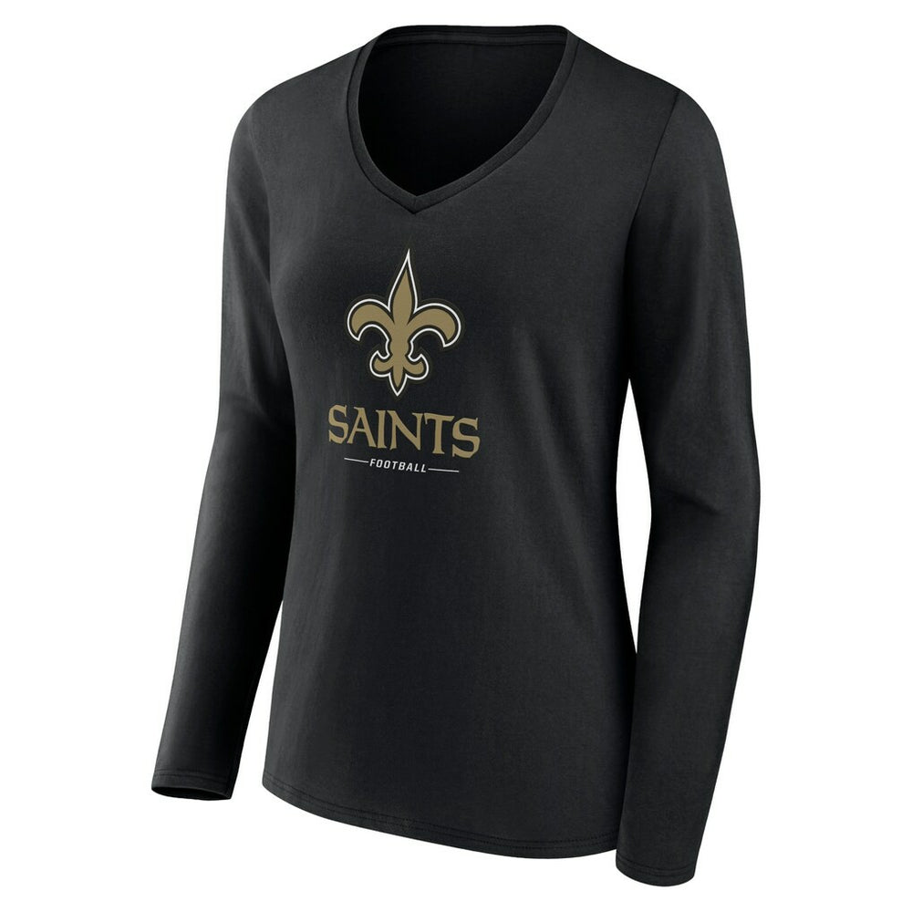 New Orleans Saints Women's Logo Team Lockup Long Sleeve V-Neck T-Shirt - Black T-shirts