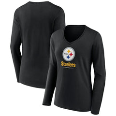 Pittsburgh Steelers Women's Logo Team Lockup Long Sleeve V-Neck T-Shirt - Black T-shirts