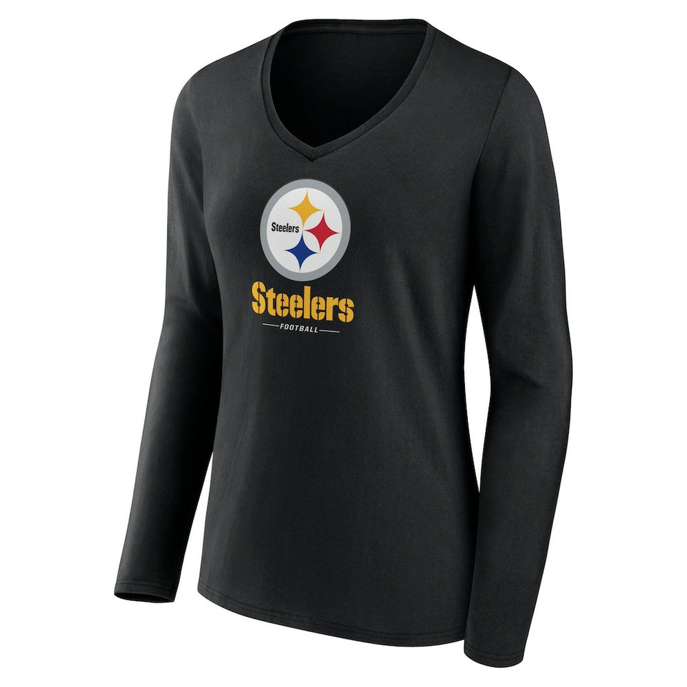 Pittsburgh Steelers Women's Logo Team Lockup Long Sleeve V-Neck T-Shirt - Black T-shirts