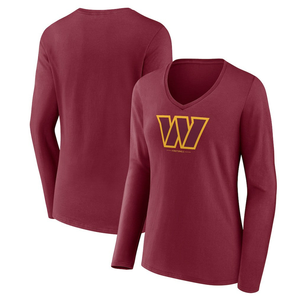 Washington Commanders Women's Logo Team Lockup Long Sleeve V-Neck T-Shirt - Burgundy T-shirts