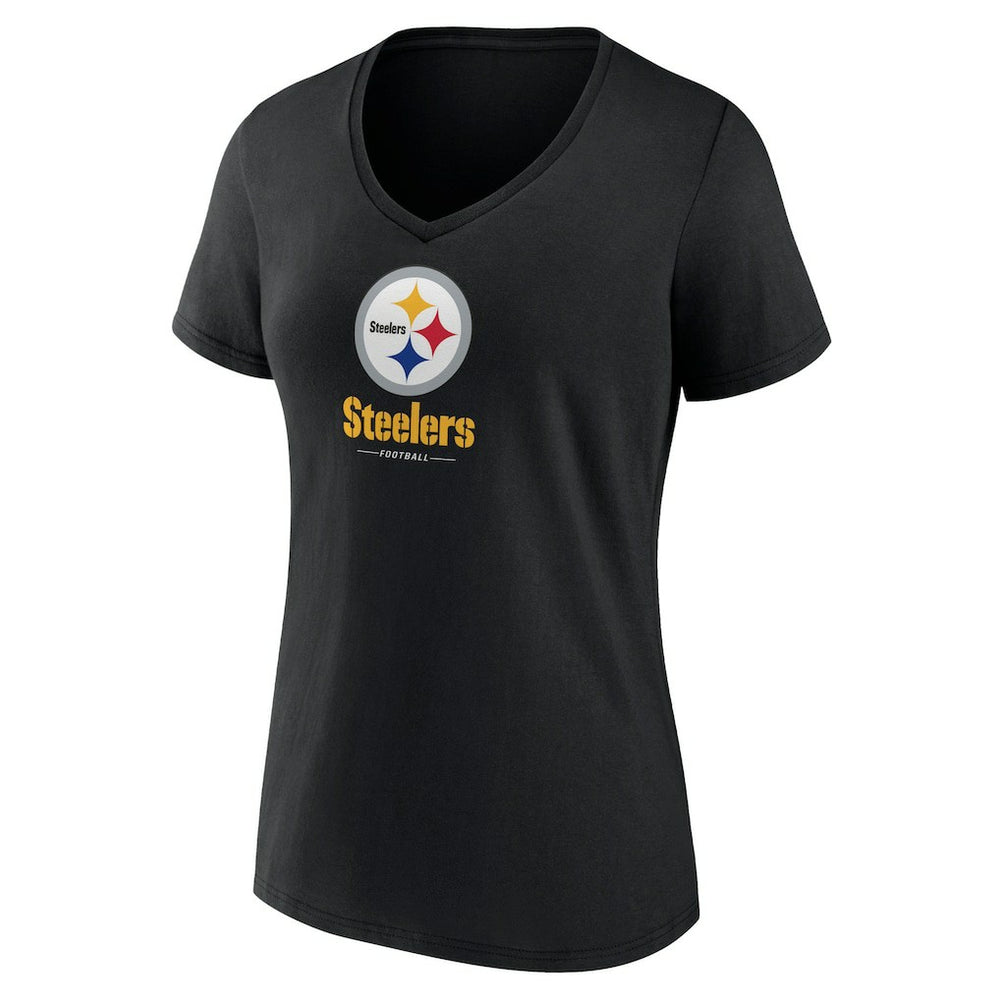 Pittsburgh Steelers Women's Logo Team Lockup V-Neck T-Shirt - Black T-shirts