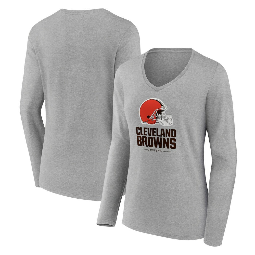 Cleveland Browns Women's Logo Team Lockup Long Sleeve V-Neck T-Shirt - Gray T-shirts