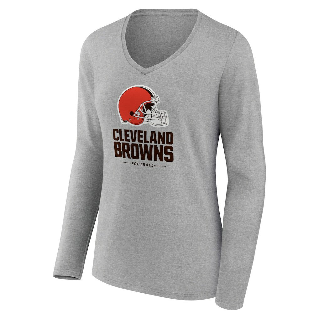 Cleveland Browns Women's Logo Team Lockup Long Sleeve V-Neck T-Shirt - Gray T-shirts