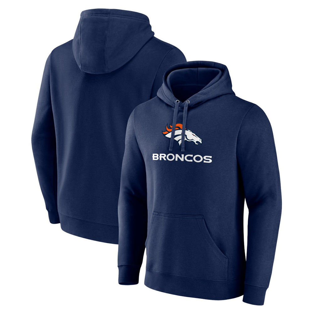 Denver Broncos Logo Team Lockup Fitted Pullover Hoodie - Navy Hoodies