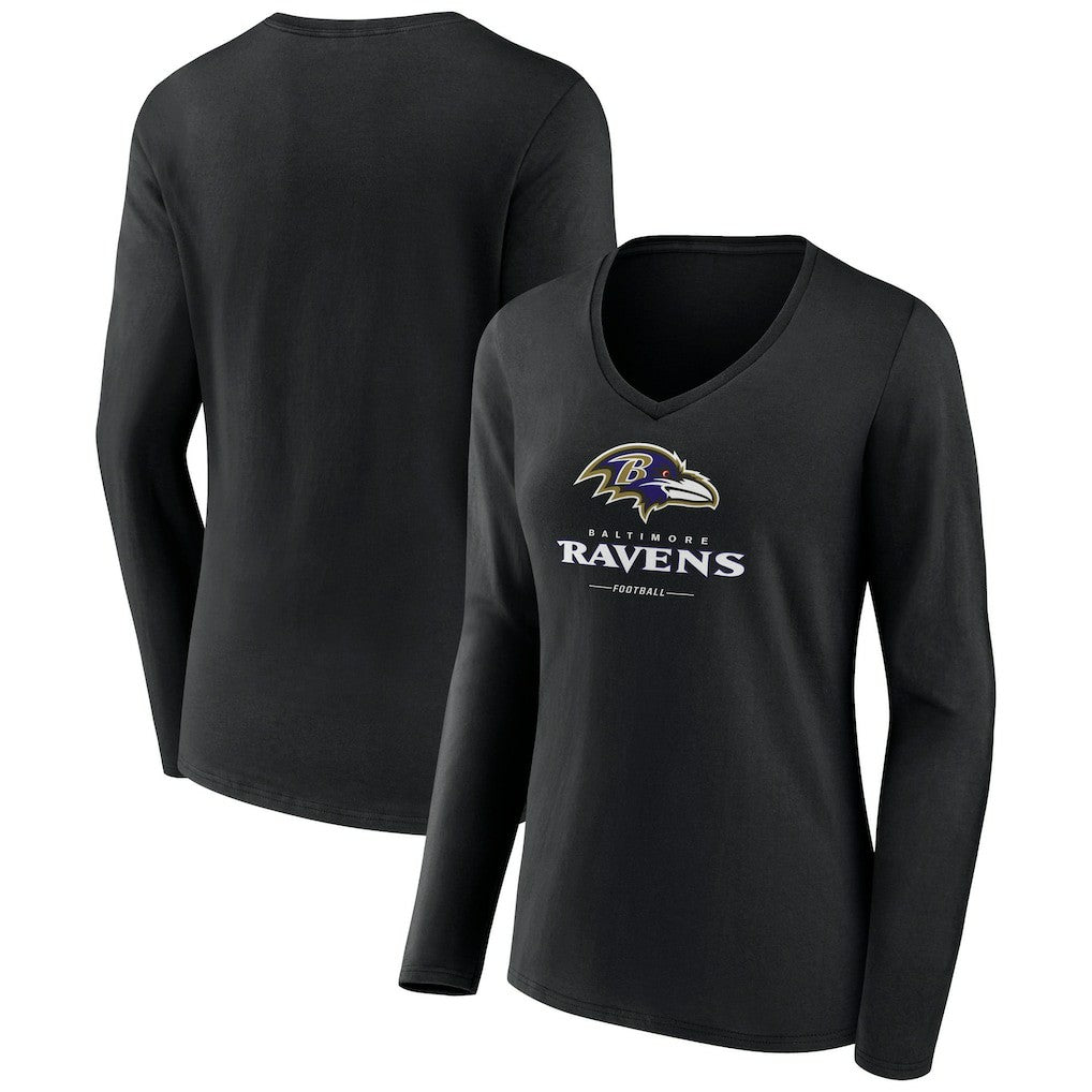 Baltimore Ravens Women's Logo Team Lockup Long Sleeve V-Neck T-Shirt - Black T-shirts