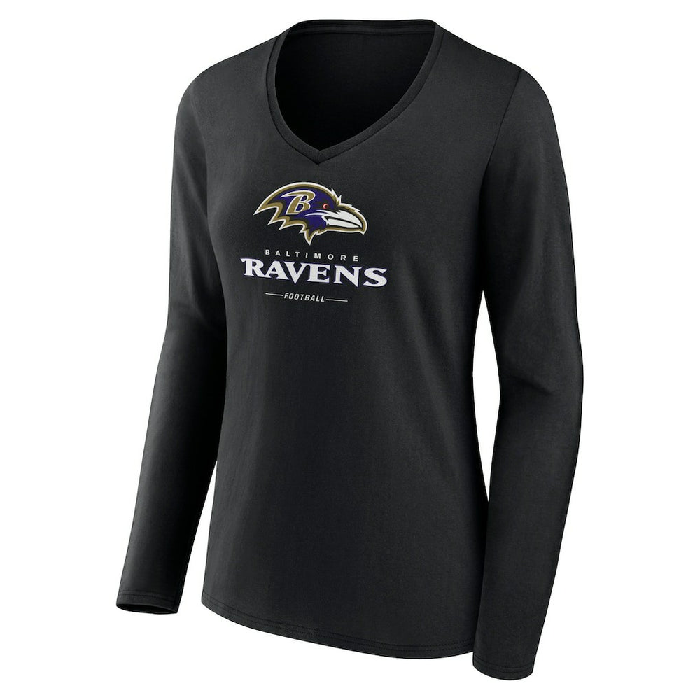 Baltimore Ravens Women's Logo Team Lockup Long Sleeve V-Neck T-Shirt - Black T-shirts