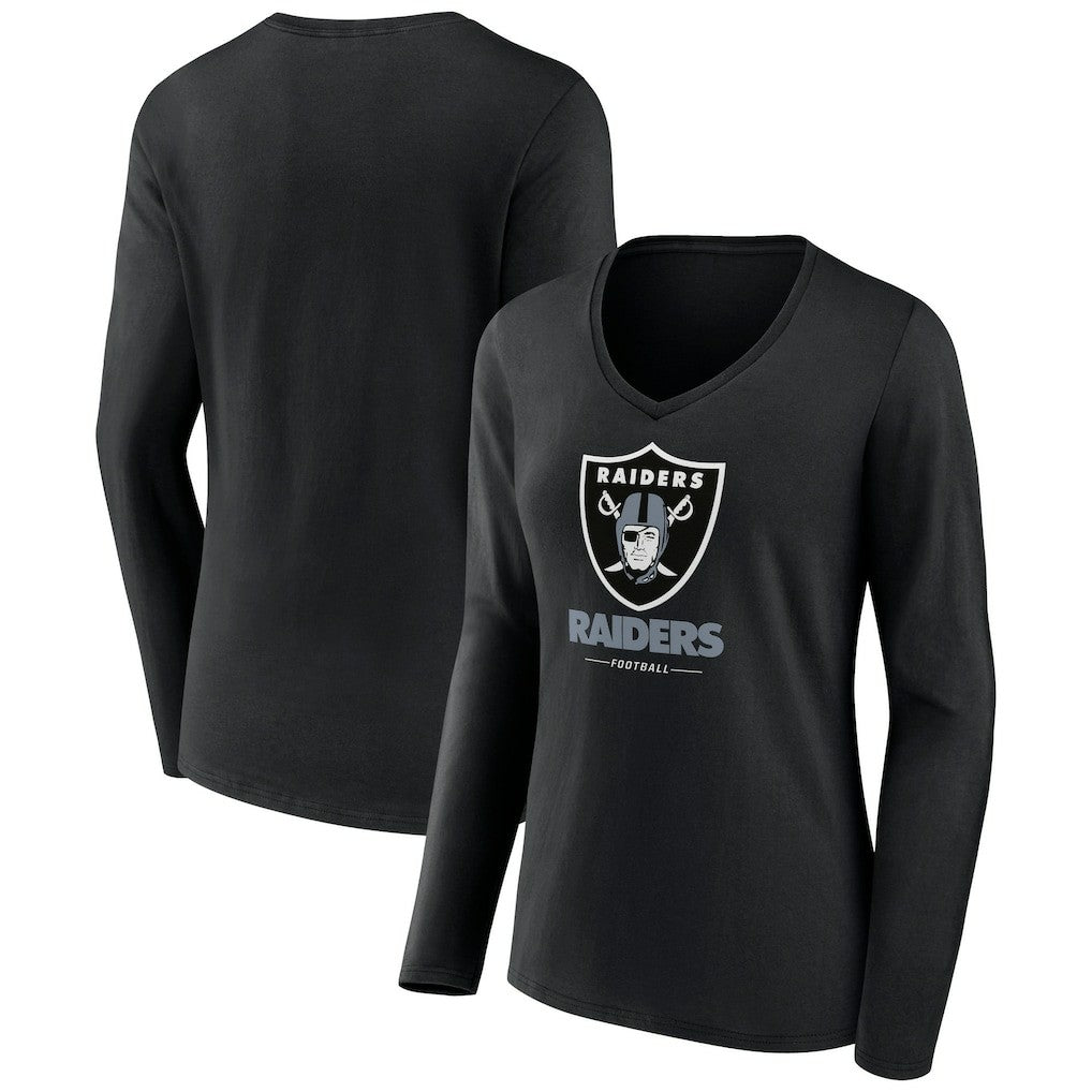Las Vegas Raiders Women's Logo Team Lockup Long Sleeve V-Neck T-Shirt - Black T-shirts