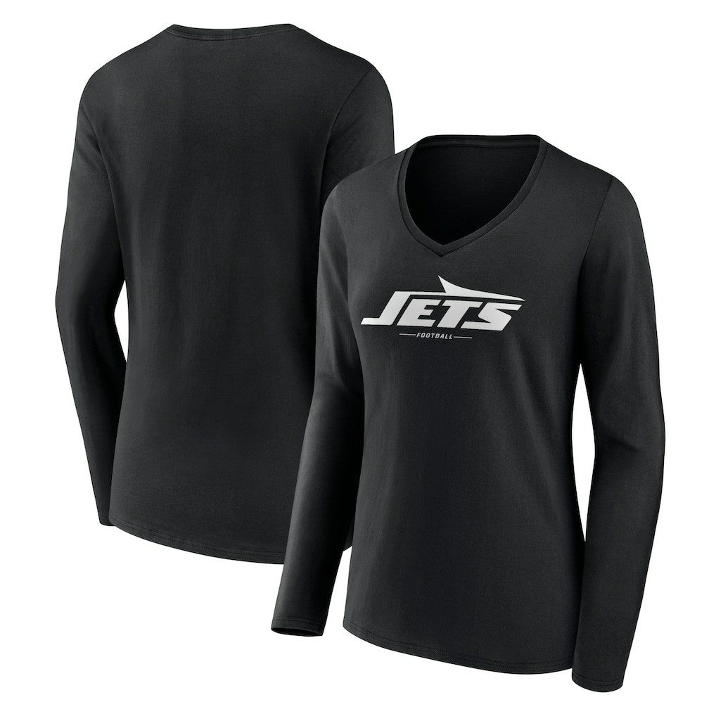 New York Jets Women's Logo Team Lockup Long Sleeve V-Neck T-Shirt - Black T-shirts