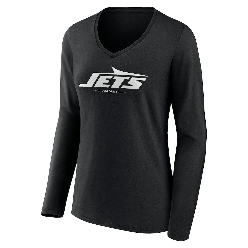 New York Jets Women's Logo Team Lockup Long Sleeve V-Neck T-Shirt - Black T-shirts