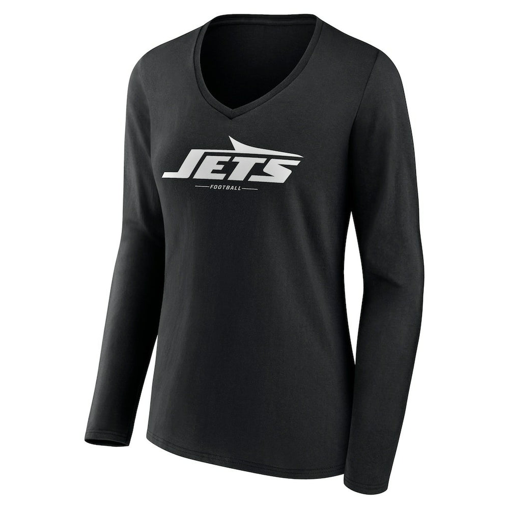 New York Jets Women's Logo Team Lockup Long Sleeve V-Neck T-Shirt - Black T-shirts
