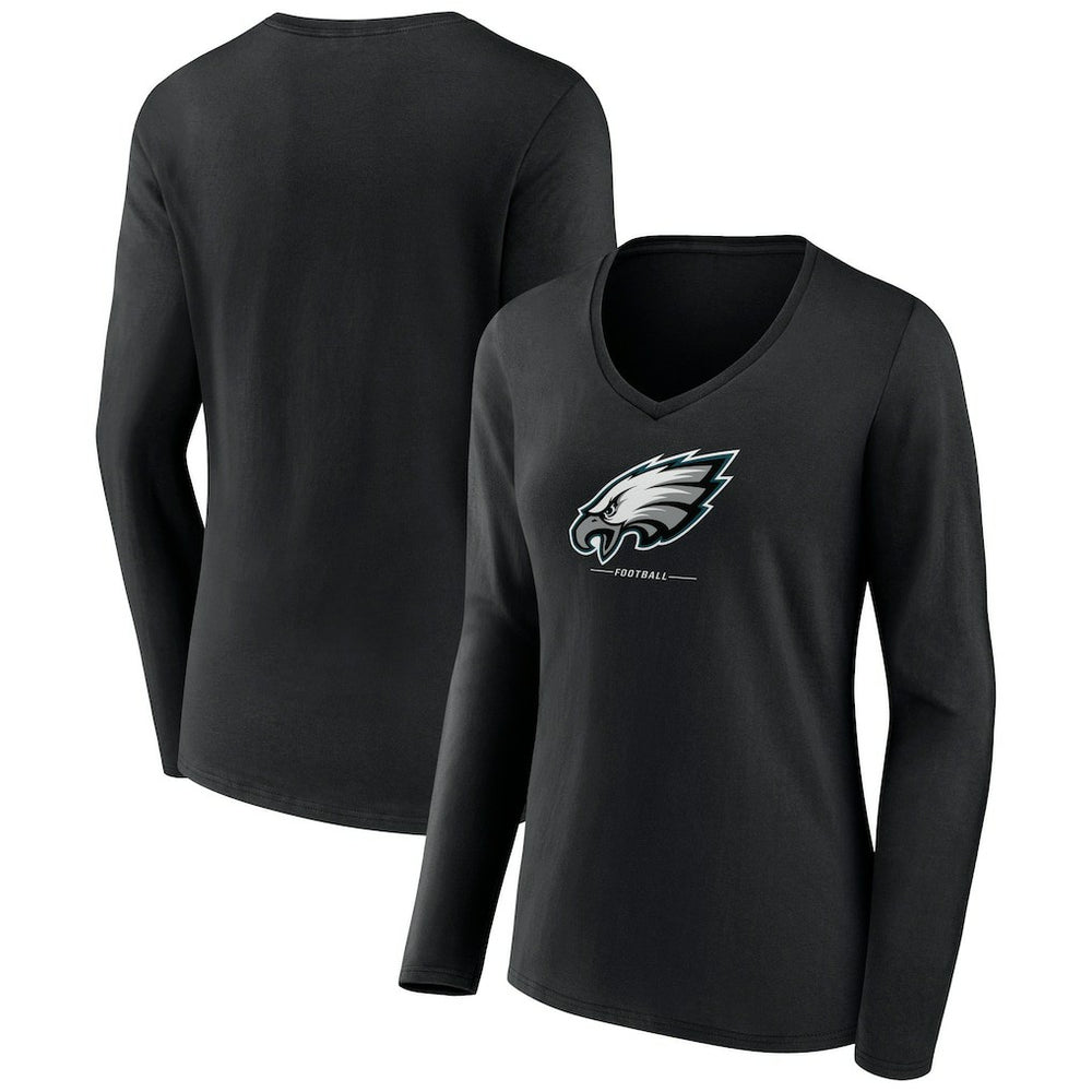 Philadelphia Eagles Women's Logo Team Lockup Long Sleeve V-Neck T-Shirt - Black T-shirts