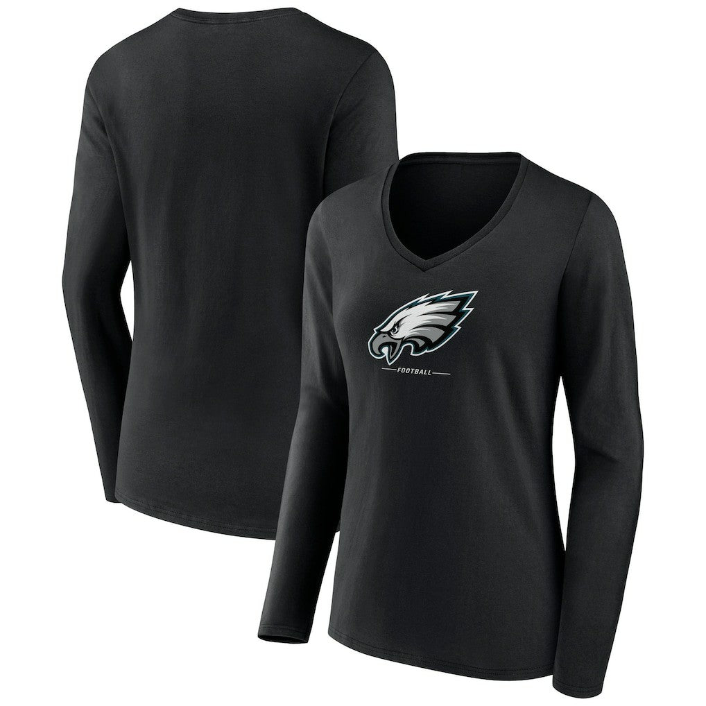 Philadelphia Eagles Women's Logo Team Lockup Long Sleeve V-Neck T-Shirt - Black T-shirts