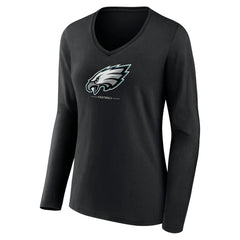 Philadelphia Eagles Women's Logo Team Lockup Long Sleeve V-Neck T-Shirt - Black T-shirts
