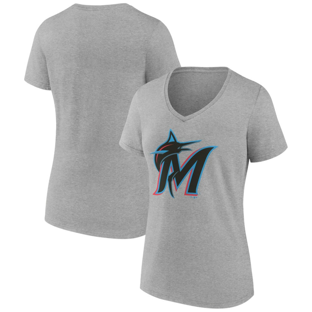 Miami Marlins Women's Official Logo V-Neck T-Shirt - Gray T-shirts