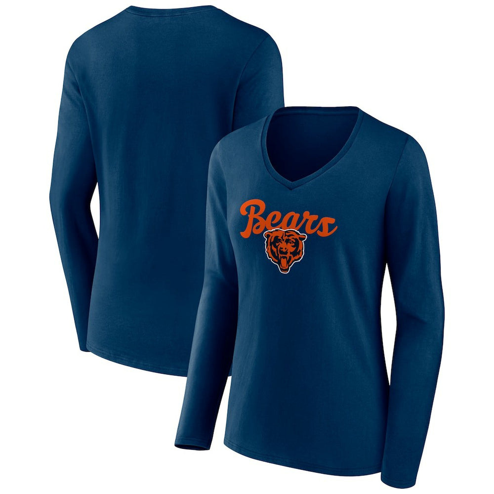 Chicago Bears Women's Freehand Team Long Sleeve V-Neck T-Shirt - Navy T-shirts