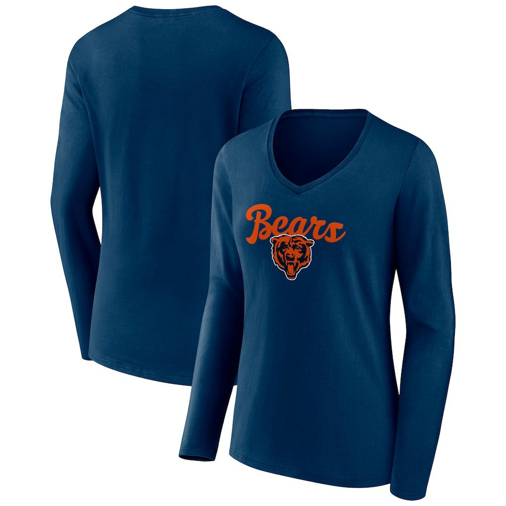 Chicago Bears Women's Freehand Team Long Sleeve V-Neck T-Shirt - Navy T-shirts