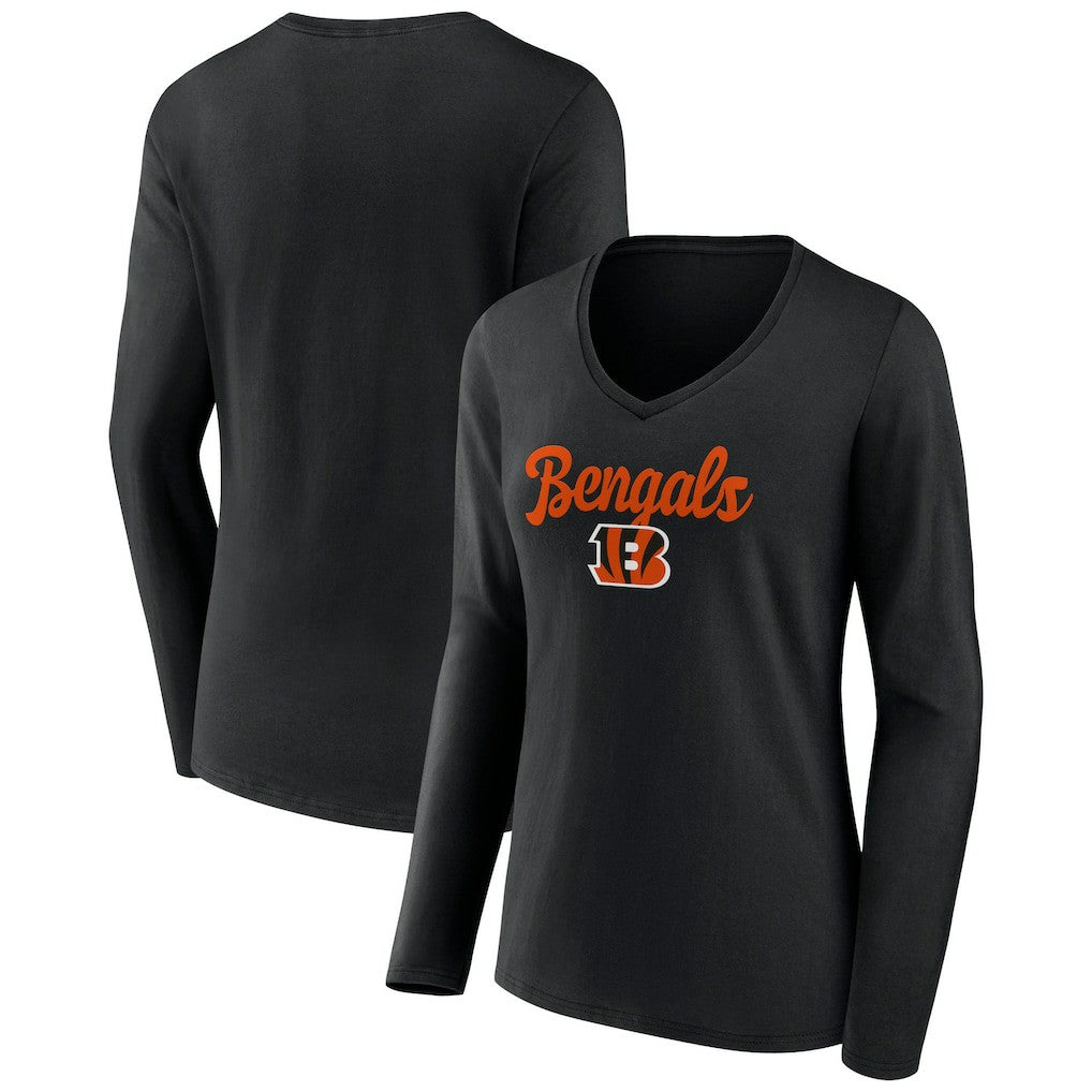 Cincinnati Bengals Women's Freehand Team Long Sleeve V-Neck T-Shirt - Black T-shirts