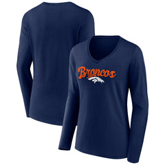 Denver Broncos Women's Freehand Team Long Sleeve V-Neck T-Shirt - Navy T-shirts