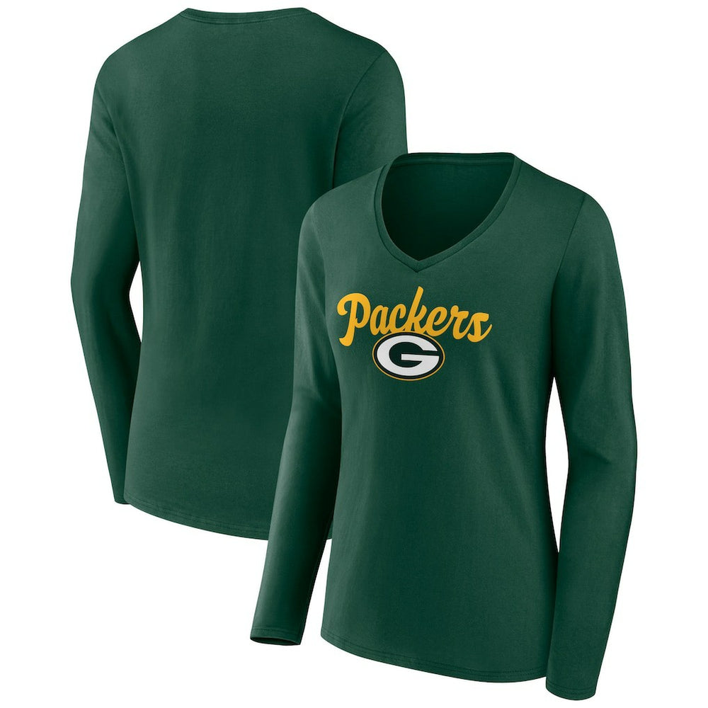 Green Bay Packers Women's Freehand Team Long Sleeve V-Neck T-Shirt - Green T-shirts