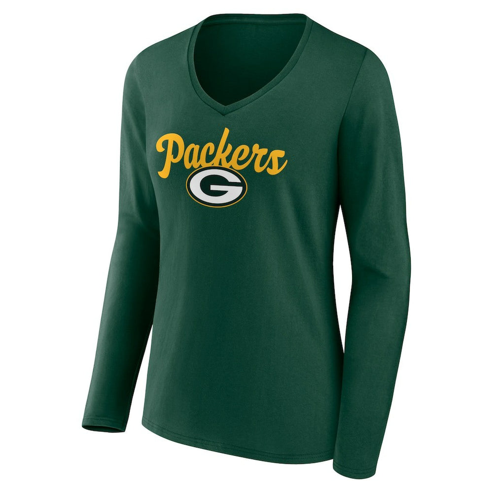Green Bay Packers Women's Freehand Team Long Sleeve V-Neck T-Shirt - Green T-shirts