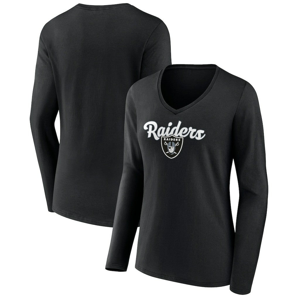 Las Vegas Raiders Women's Freehand Team Long Sleeve V-Neck T-Shirt - Black T-shirts