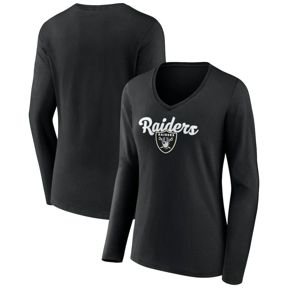Las Vegas Raiders Women's Freehand Team Long Sleeve V-Neck T-Shirt - Black T-shirts