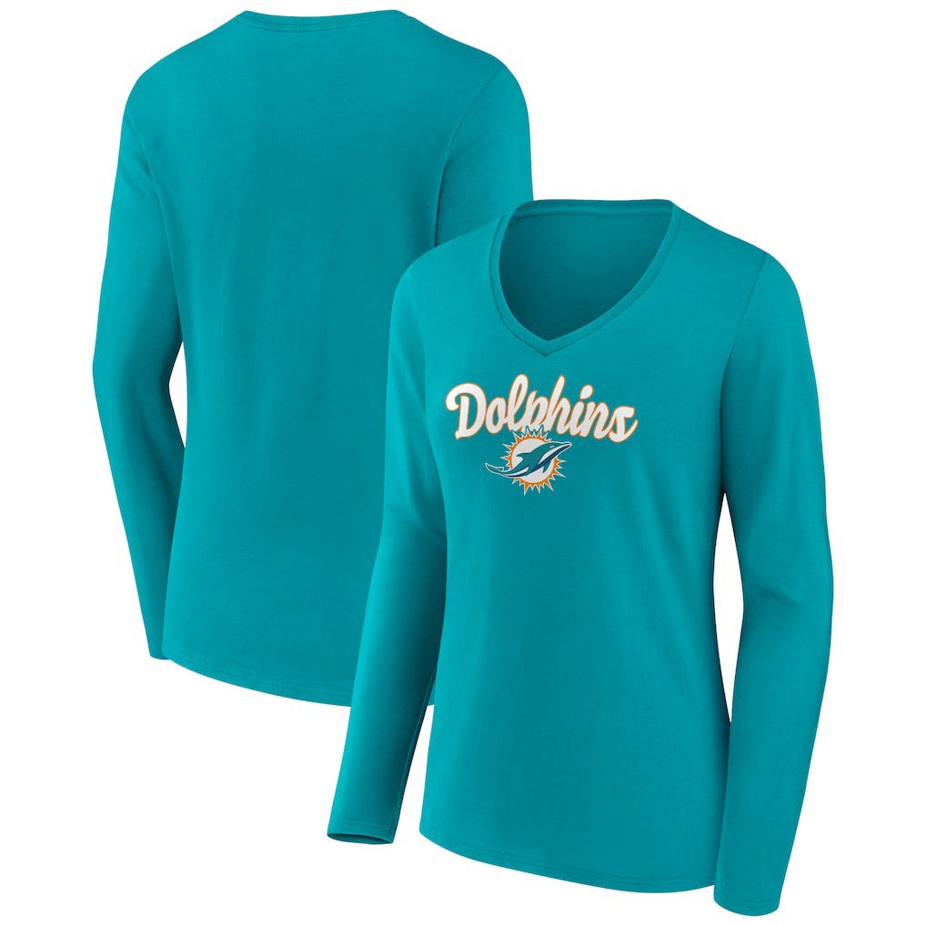 Miami Dolphins Women's Freehand Team Long Sleeve V-Neck T-Shirt - Aqua T-shirts