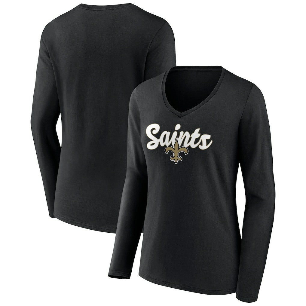 New Orleans Saints Women's Freehand Team Long Sleeve V-Neck T-Shirt - Black T-shirts
