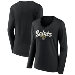 New Orleans Saints Women's Freehand Team Long Sleeve V-Neck T-Shirt - Black T-shirts
