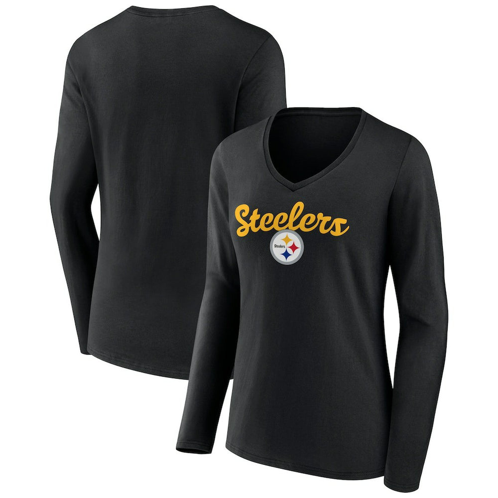 Pittsburgh Steelers Women's Freehand Team Long Sleeve V-Neck T-Shirt - Black T-shirts