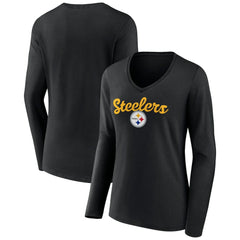 Pittsburgh Steelers Women's Freehand Team Long Sleeve V-Neck T-Shirt - Black T-shirts