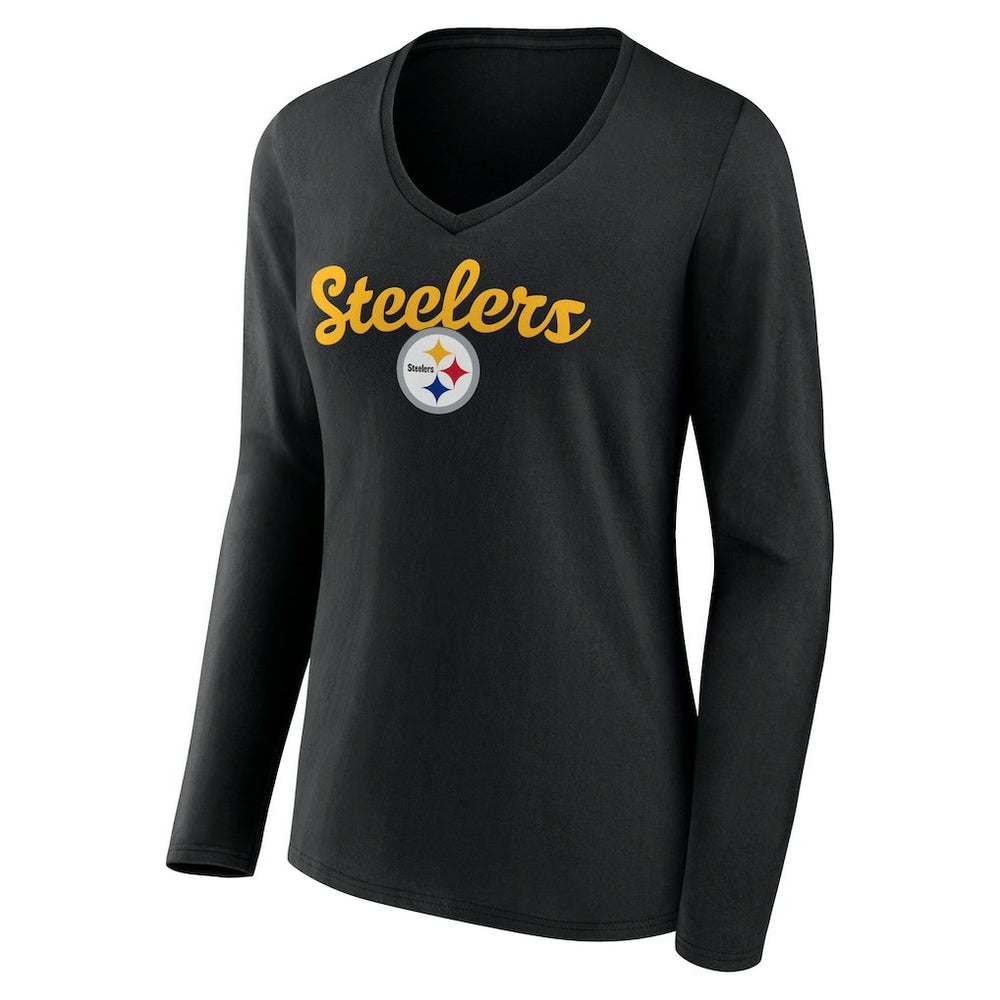 Pittsburgh Steelers Women's Freehand Team Long Sleeve V-Neck T-Shirt - Black T-shirts