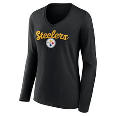Pittsburgh Steelers Women's Freehand Team Long Sleeve V-Neck T-Shirt - Black T-shirts